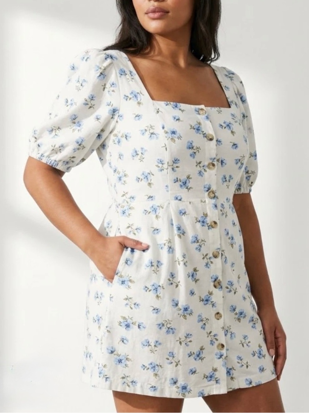 Old Navy White Blue Floral Linen Blend Puff Sleeve Mini Dress